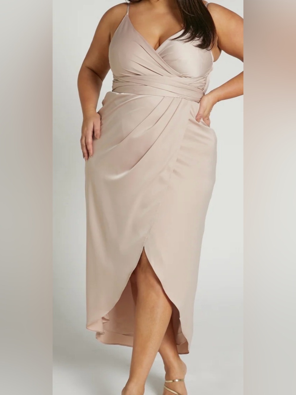 Showpo Wrap Tie Tulip Hem Dress Champagne Size 16